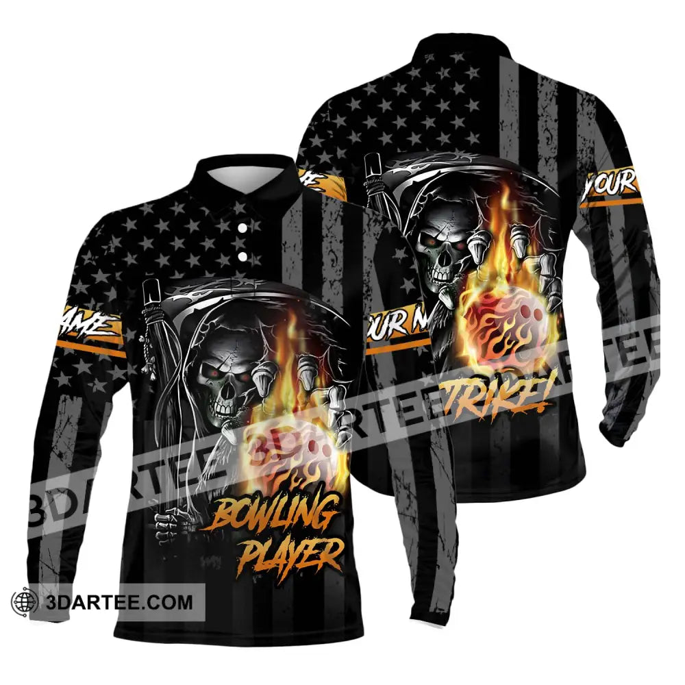 Unisex Shirt - Custom Name Skull Bowling Player Long Sleeve Polo / S T-Shirt