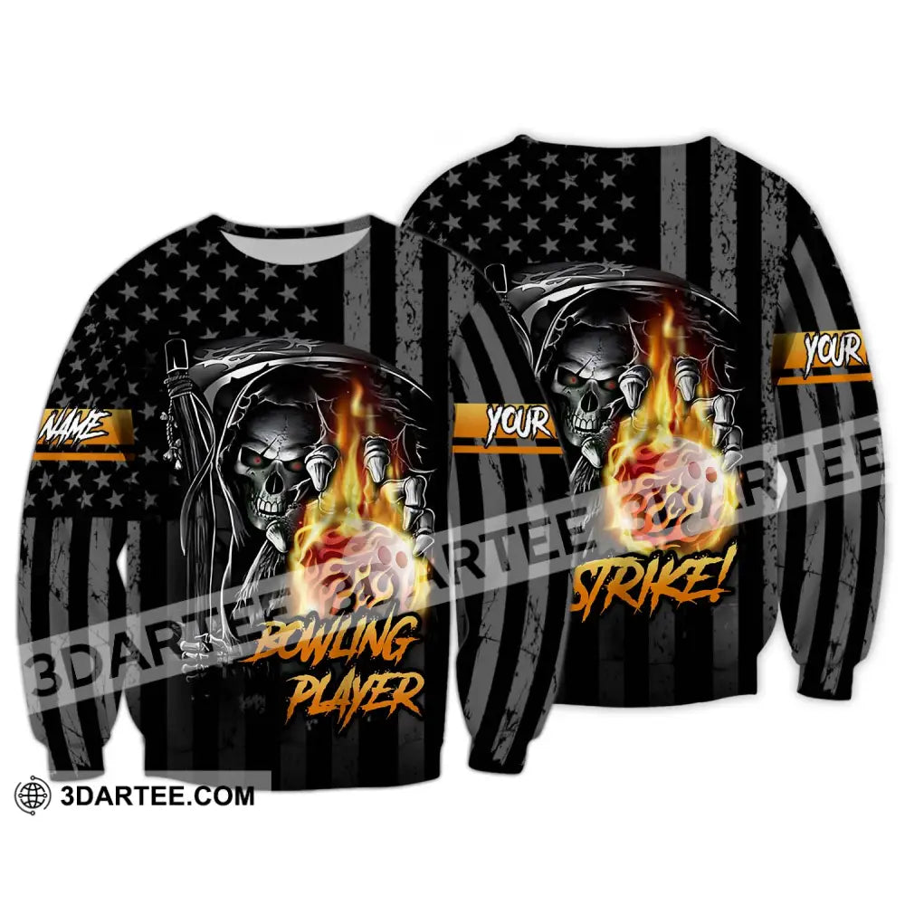 Unisex Shirt - Custom Name Skull Bowling Player Long Sleeve / S T-Shirt