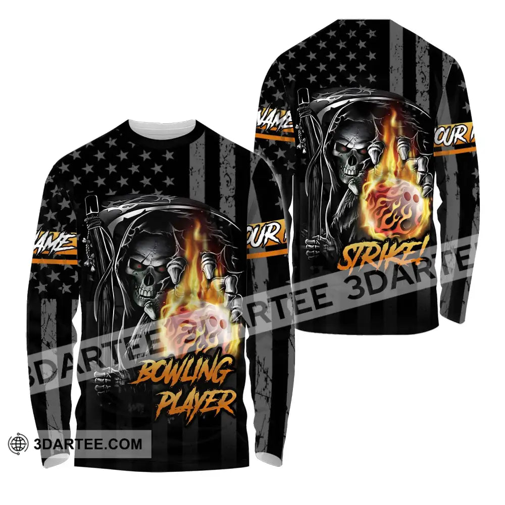 Unisex Shirt - Custom Name Skull Bowling Player Long Sleeve / S T-Shirt