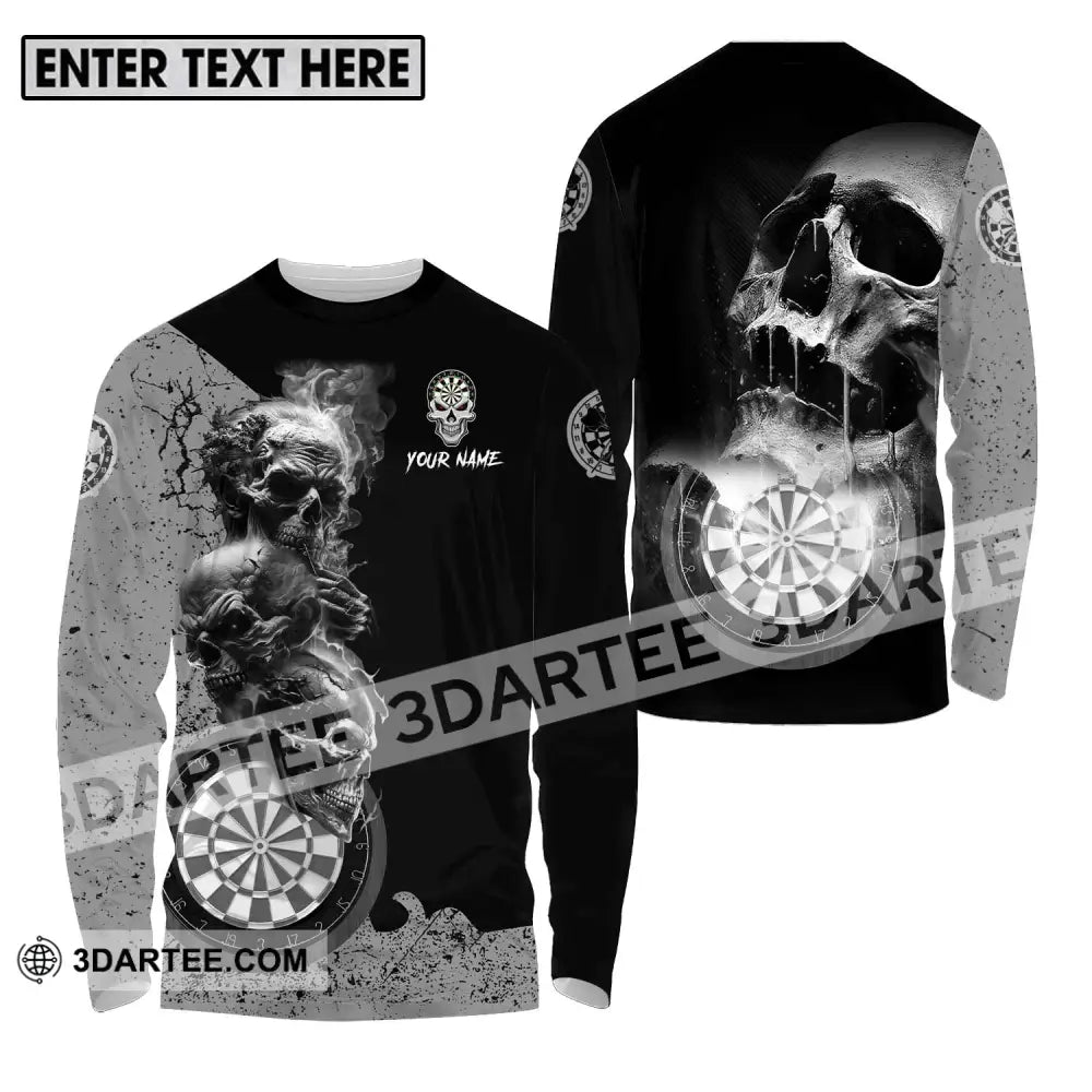 Unisex Shirt - Custom Name Smoking Skull Darts Long Sleeve / S T-Shirt