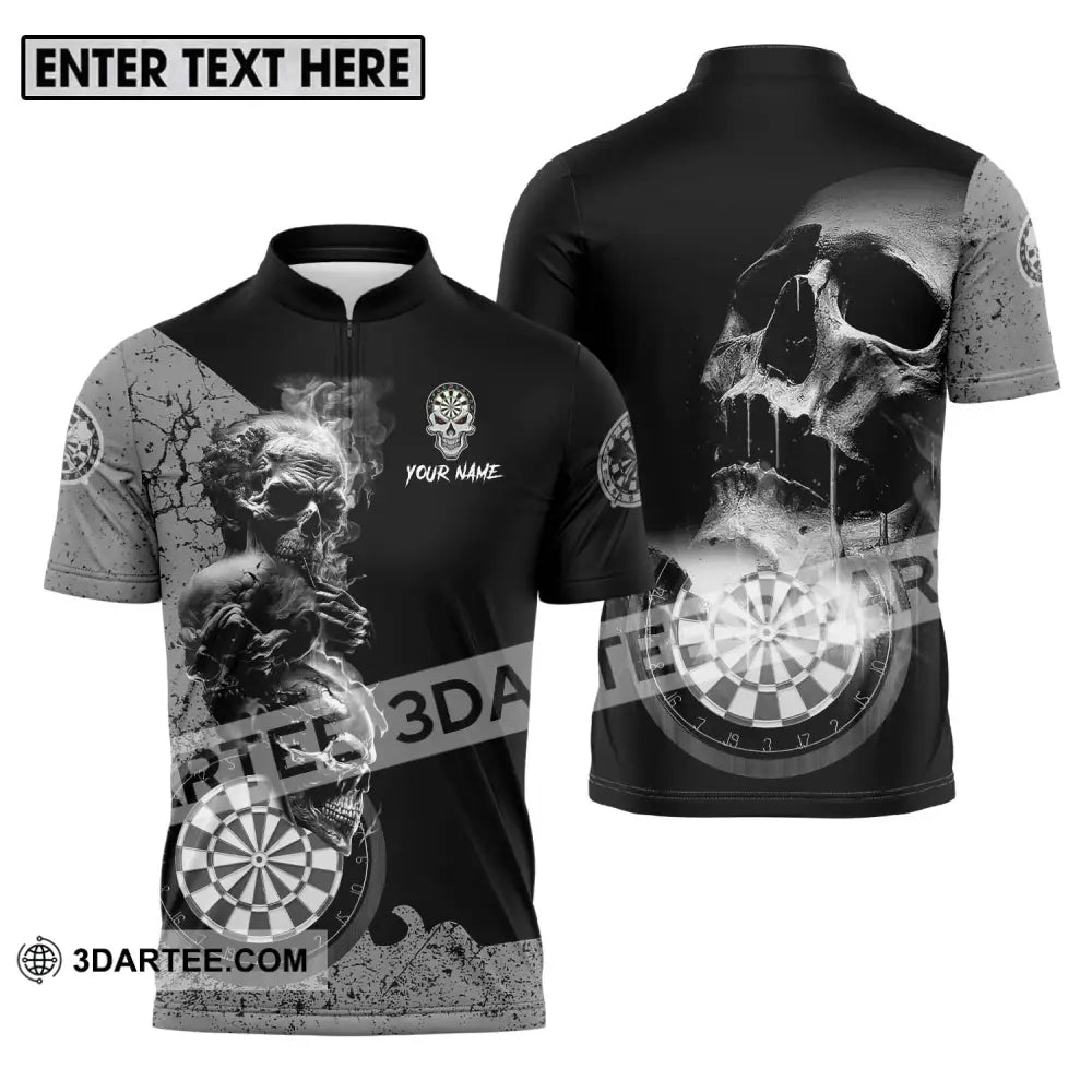 Unisex Shirt - Custom Name Smoking Skull Darts Zipper Polo / S T-Shirt