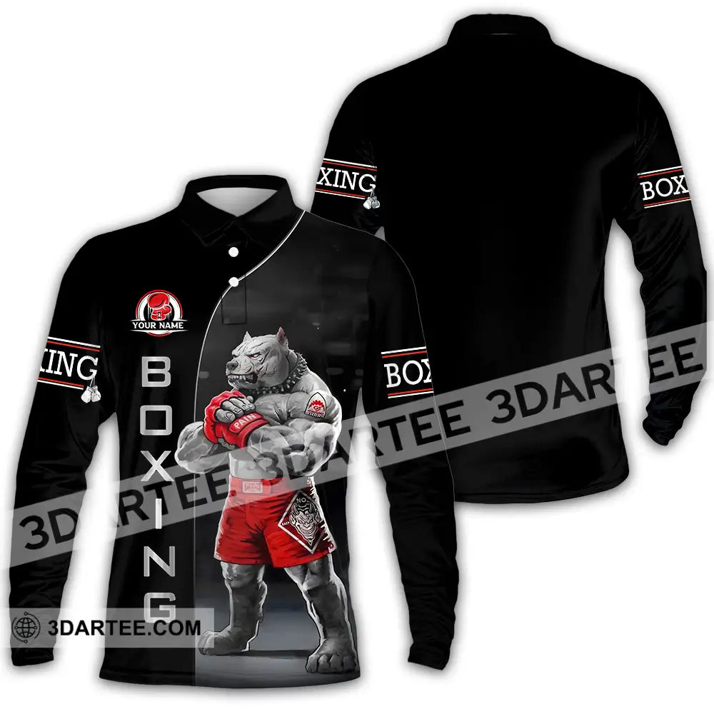 Unisex Shirt - Custom Name Sport Boxing Pitbull Dog Long Sleeve Polo / S T-Shirt