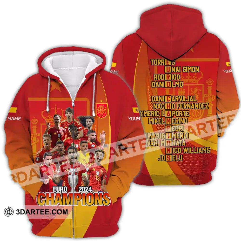 Unisex Shirt - Custom Name Sport Euro 2024 Champion Spain Zipper Hoodie / S T-Shirt