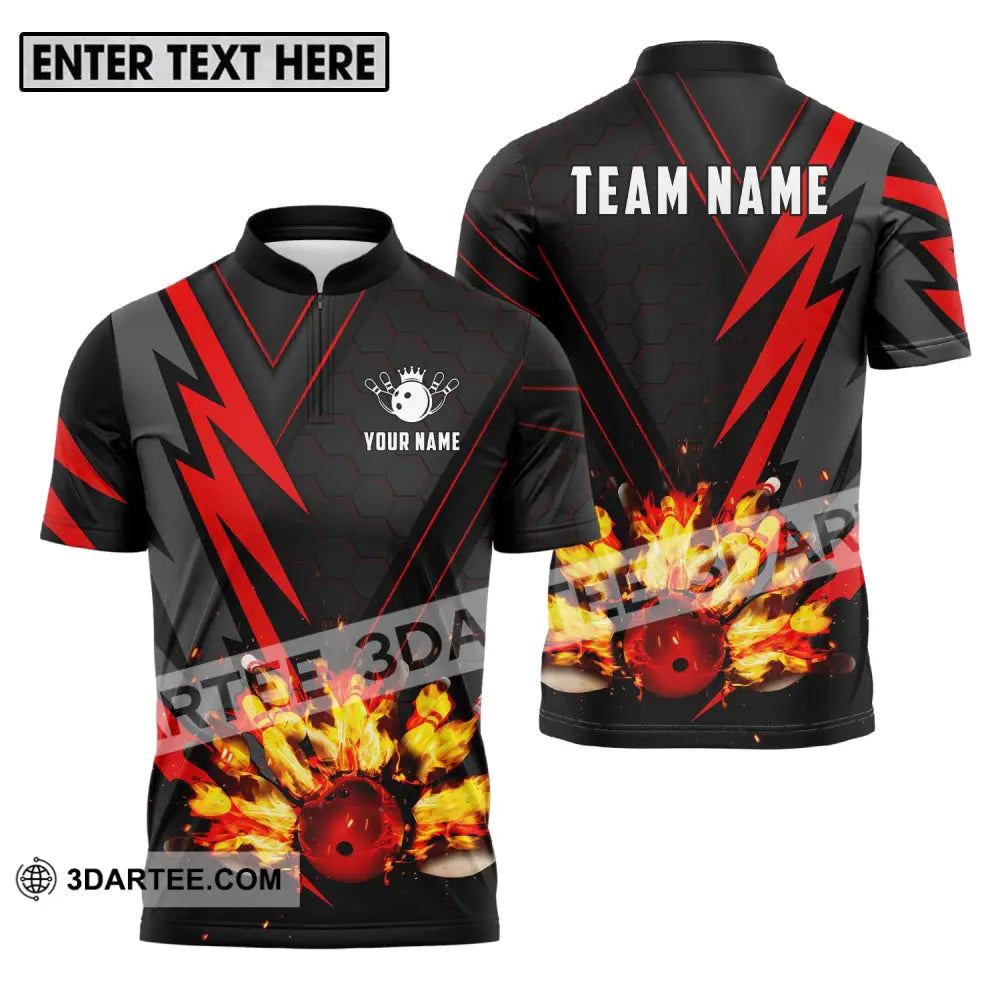 Unisex Shirt - Custom Name Sport Fire Bowling Pins And Ball Zipper Polo / S T-Shirt