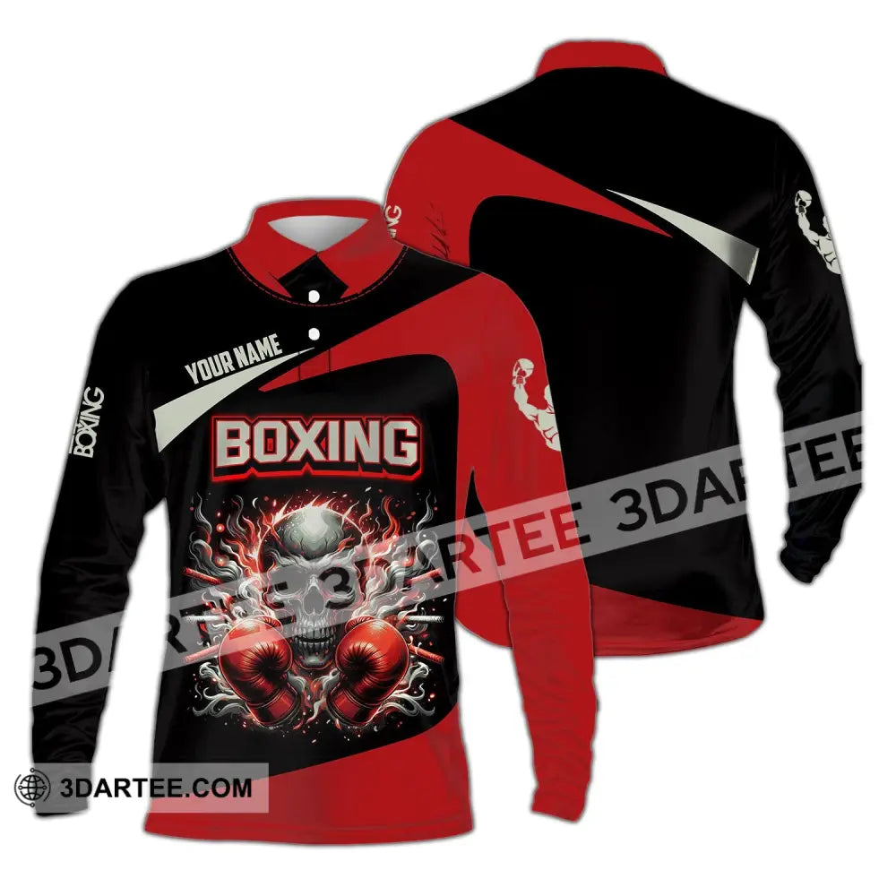 Unisex Shirt - Custom Name Sport Red Glove Boxing Skull Long Sleeve Polo / S T-Shirt