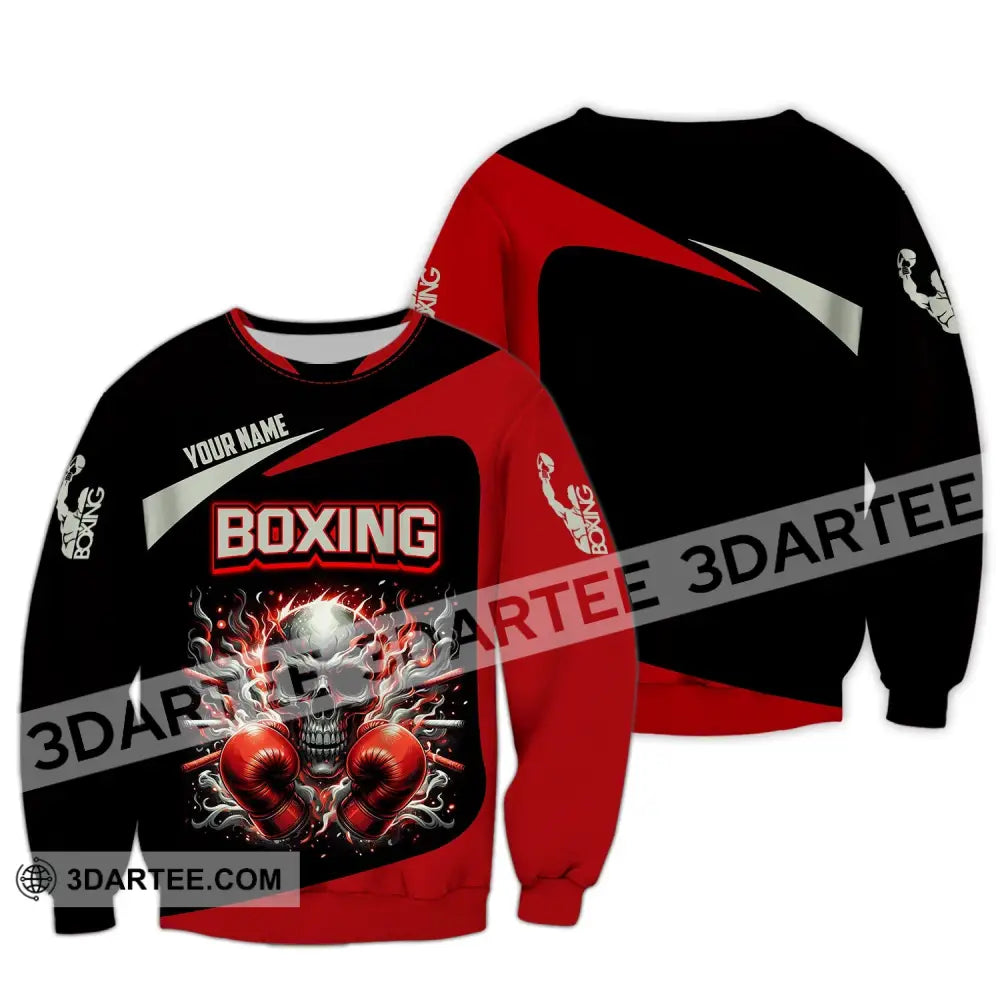 Unisex Shirt - Custom Name Sport Red Glove Boxing Skull Long Sleeve / S T-Shirt