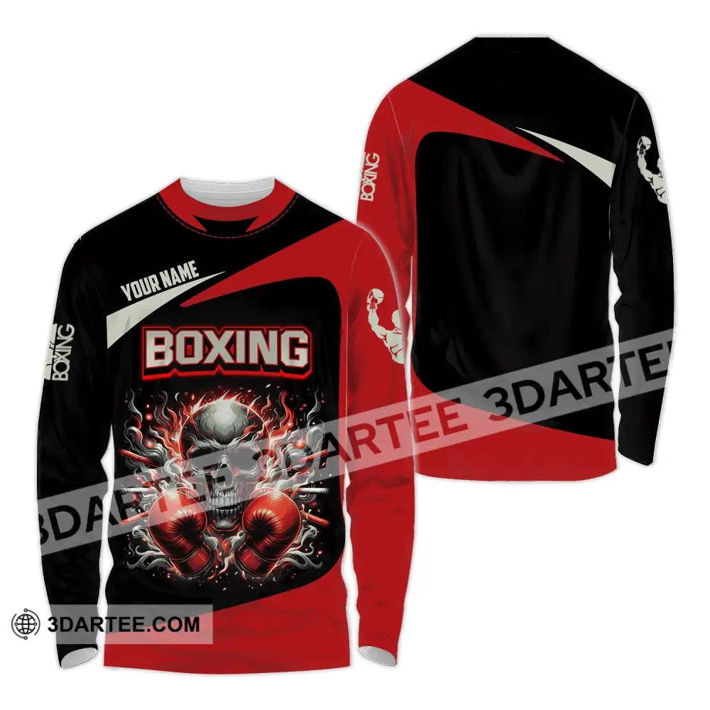 Unisex Shirt - Custom Name Sport Red Glove Boxing Skull Long Sleeve / S T-Shirt