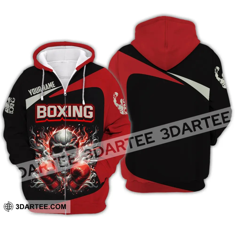 Unisex Shirt - Custom Name Sport Red Glove Boxing Skull Zipper Hoodie / S T-Shirt