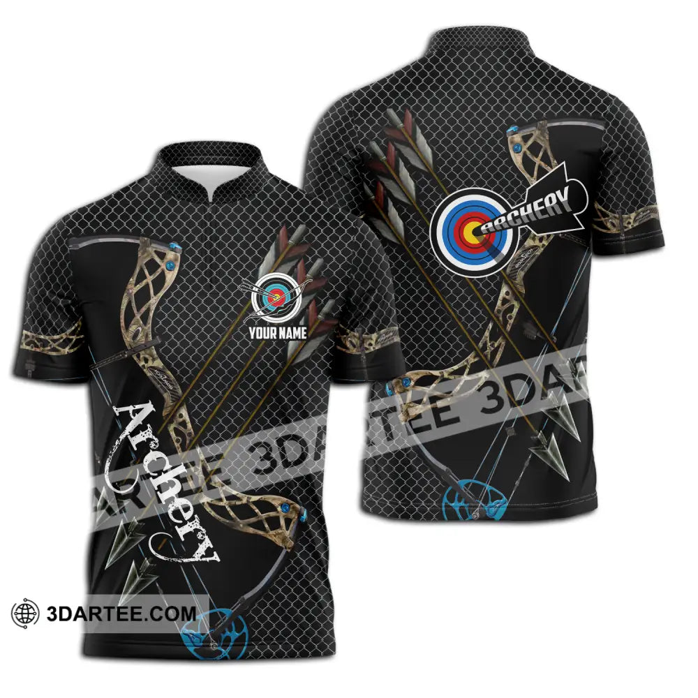 Unisex Shirt - Custom Name Sport Shirt Three Arrows Archery Zipper Polo Shirt / S T-shirt