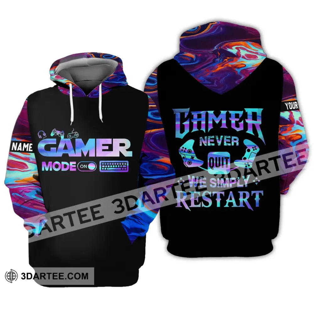 Unisex Shirt - Custom Name T-Shirt Gamer Mode On Never Quit We Simple Restart Hoodie / S T-Shirt