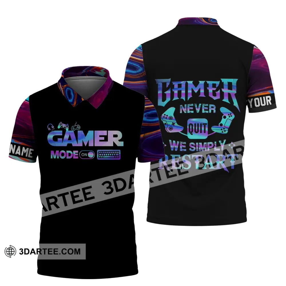 Unisex Shirt - Custom Name T-Shirt Gamer Mode On Never Quit We Simple Restart Polo / S T-Shirt