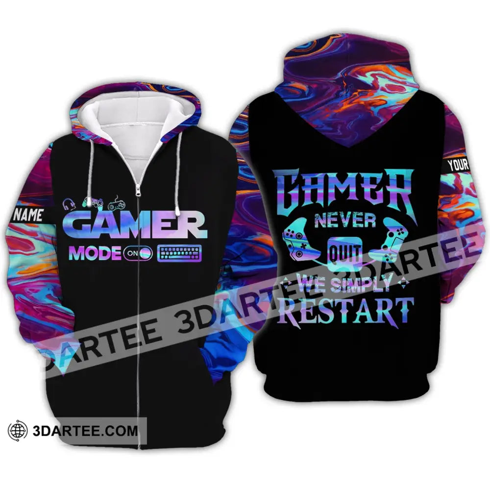 Unisex Shirt - Custom Name T-Shirt Gamer Mode On Never Quit We Simple Restart Zipper Hoodie / S