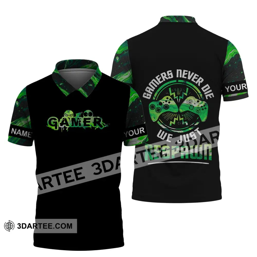 Unisex Shirt - Custom Name T-Shirt Gamers Never Die We Just Respawn Polo / S T-Shirt