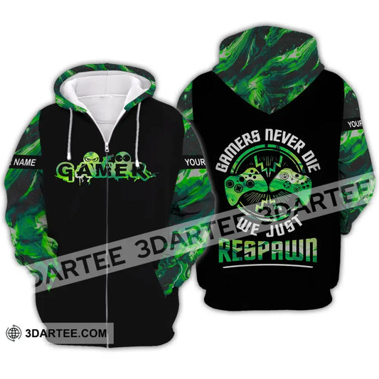 Unisex Shirt - Custom Name T-Shirt Gamers Never Die We Just Respawn Zipper Hoodie / S T-Shirt