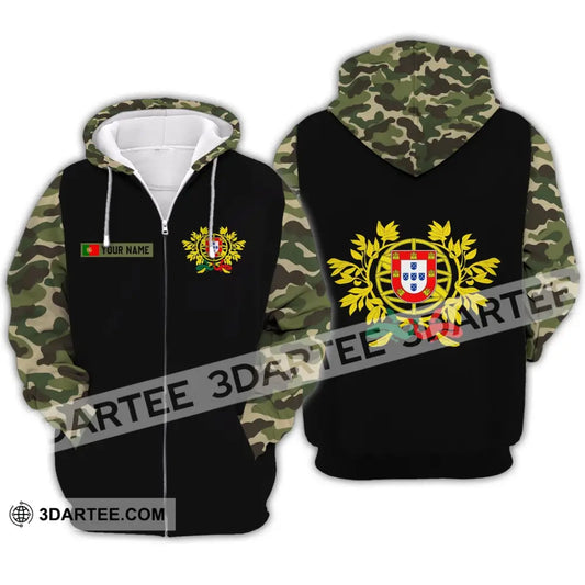 Unisex Shirt - Custom Name T-Shirt Portugal Coat Of Arms Camo Zipper Hoodie / S T-Shirt