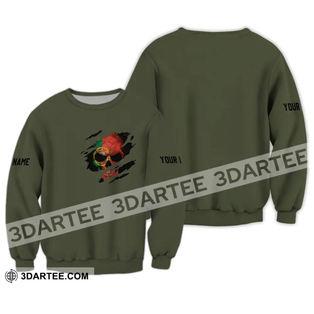 Unisex Shirt - Custom Name T-Shirt Portugal Flag Skull Long Sleeve / S T-Shirt