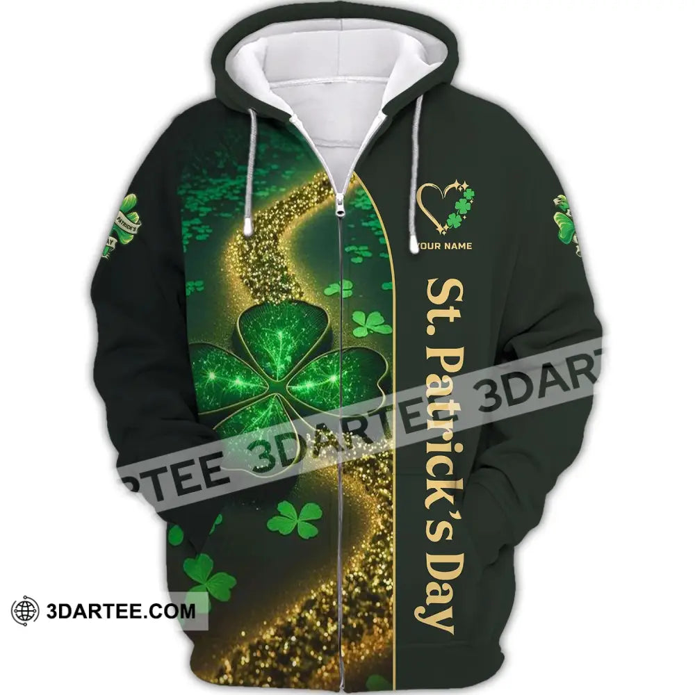 Unisex Shirt - Custom Name T-Shirt St. Patrick’s Day Clothing Heart With 4-Leaf Clover Zipper