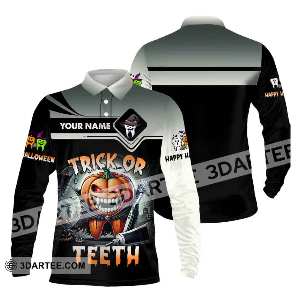 Unisex Shirt Custom Name Trick Or Teeth Halloween Polo Long Sleeve Gift / S T-Shirt