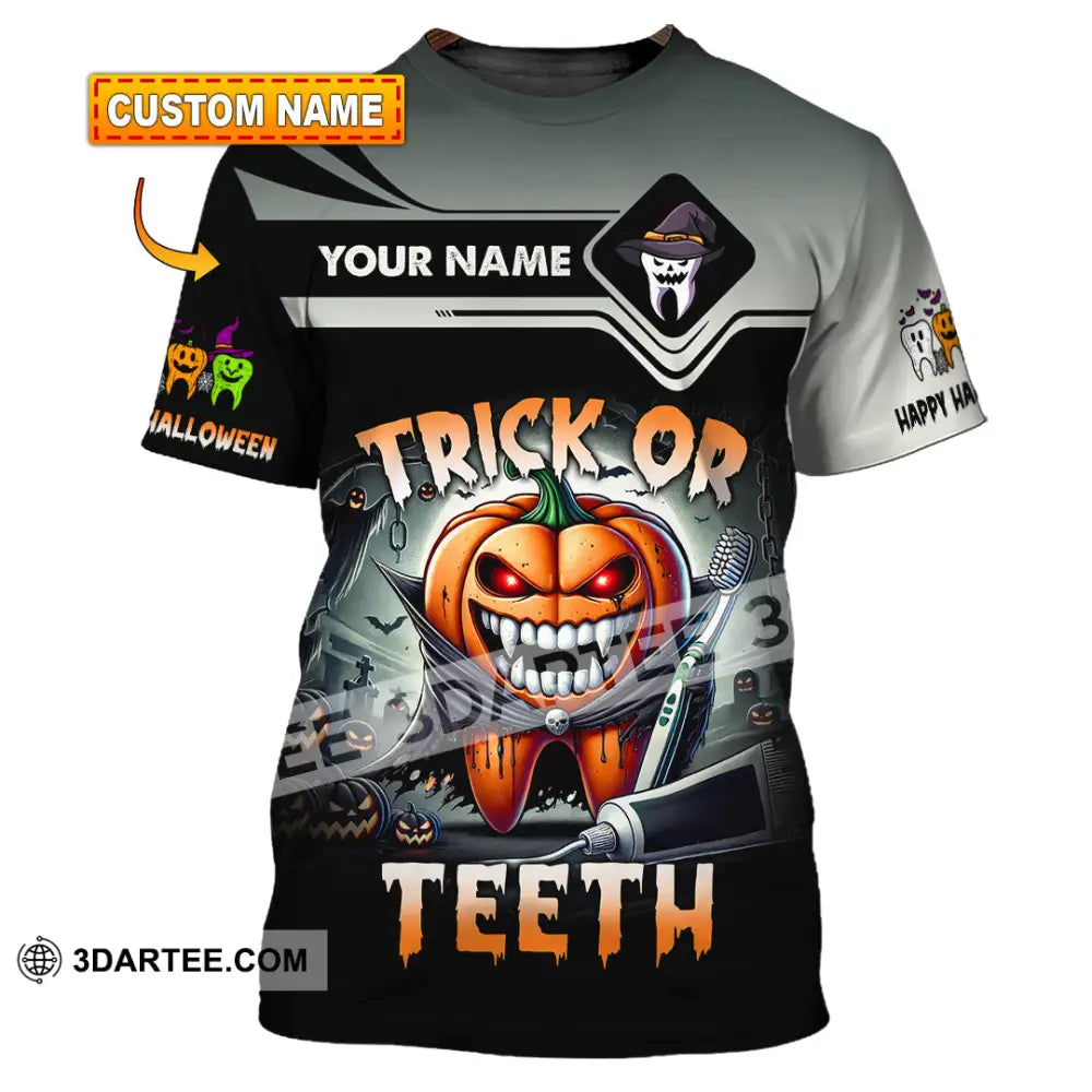 Unisex Shirt Custom Name Trick Or Teeth Halloween Polo Long Sleeve Gift T-Shirt