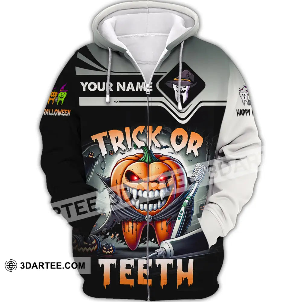 Unisex Shirt Custom Name Trick Or Teeth Halloween Polo Long Sleeve Gift Zipper Hoodie / S T-Shirt