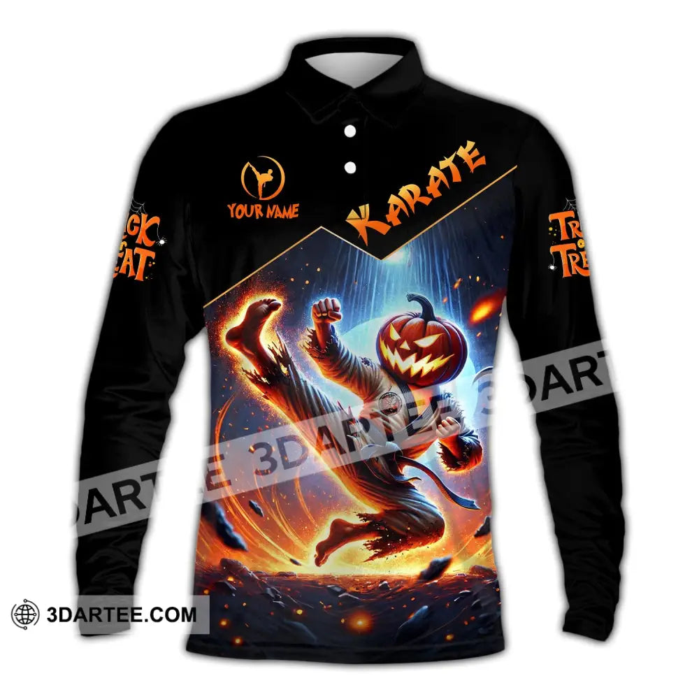 Unisex Shirt - Custom Name Trick Or Treat Karate Long Sleeve Polo / S T-Shirt