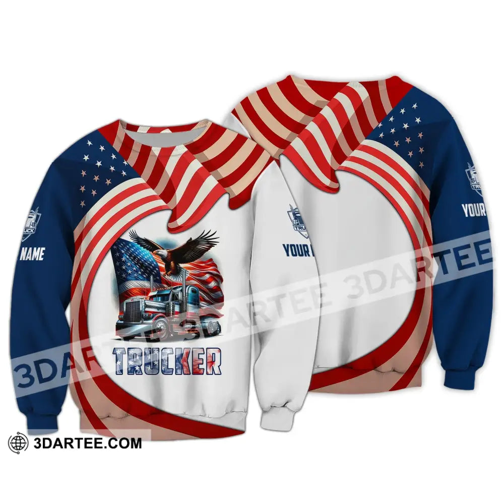 Unisex Shirt Custom Name Trucker T-Shirt Usa Flag Long Sleeve / S