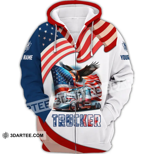 Unisex Shirt Custom Name Trucker T-Shirt Usa Flag Zipper Hoodie / S