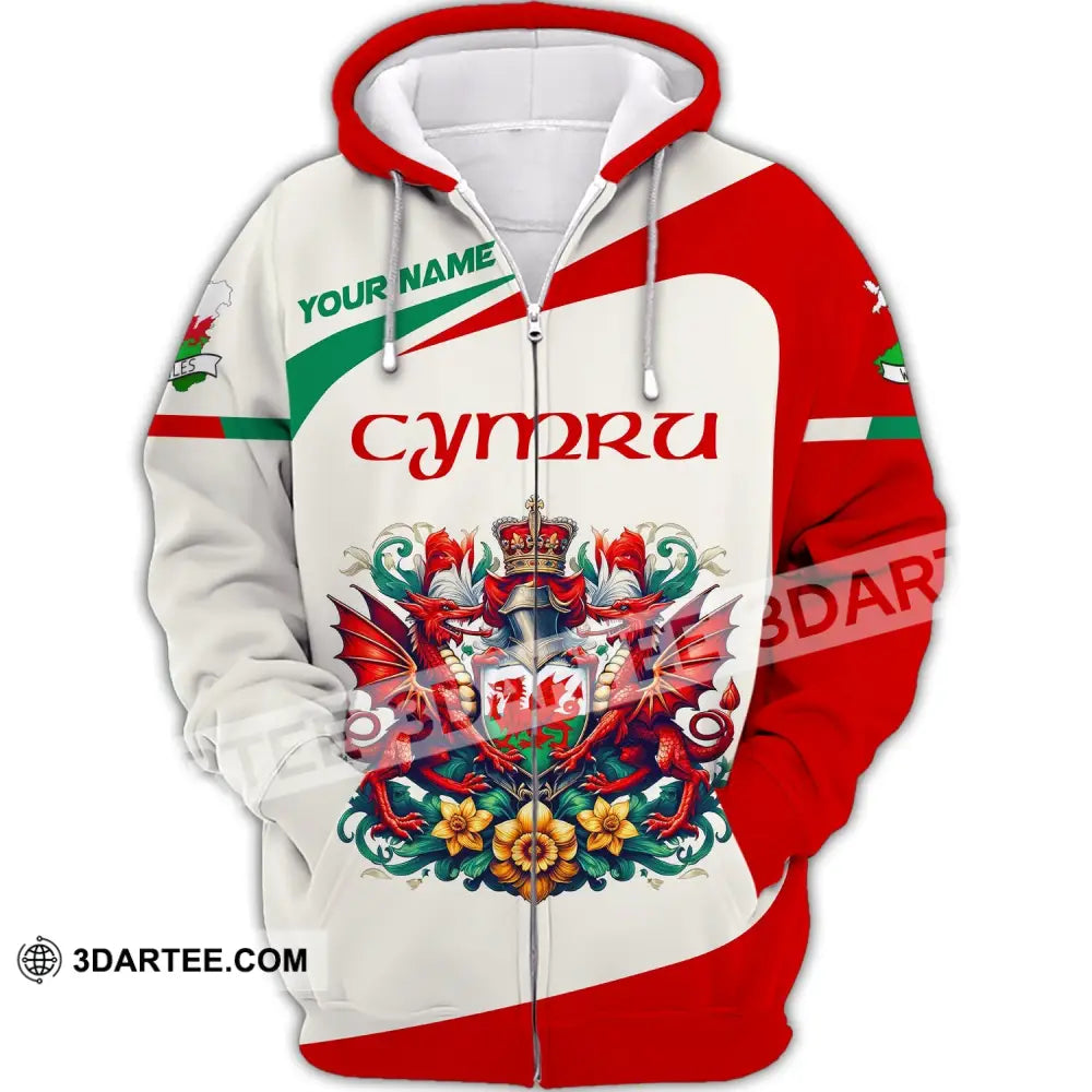 Unisex Shirt Custom Name Wales T-Shirt Cymru Zipper Hoodie / S