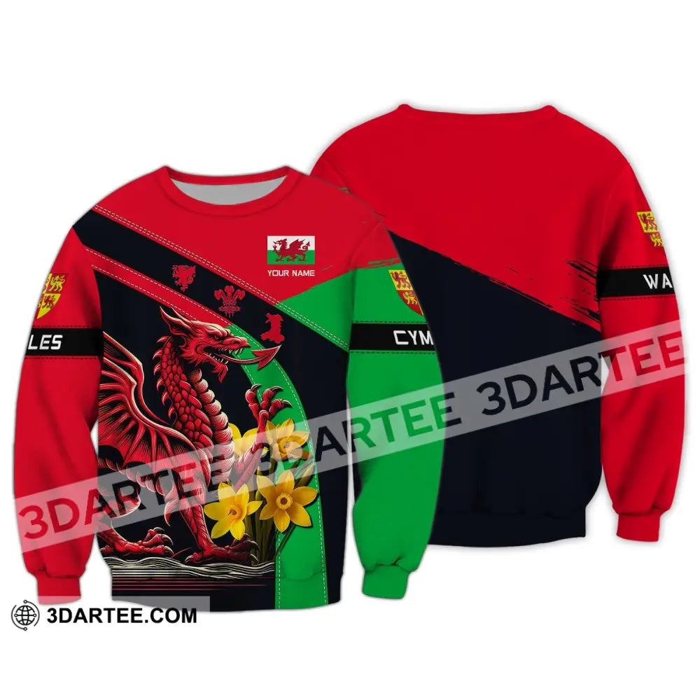 Unisex Shirt Custom Name Wales T-Shirt Welsh Dragon Cymru Long Sleeve / S