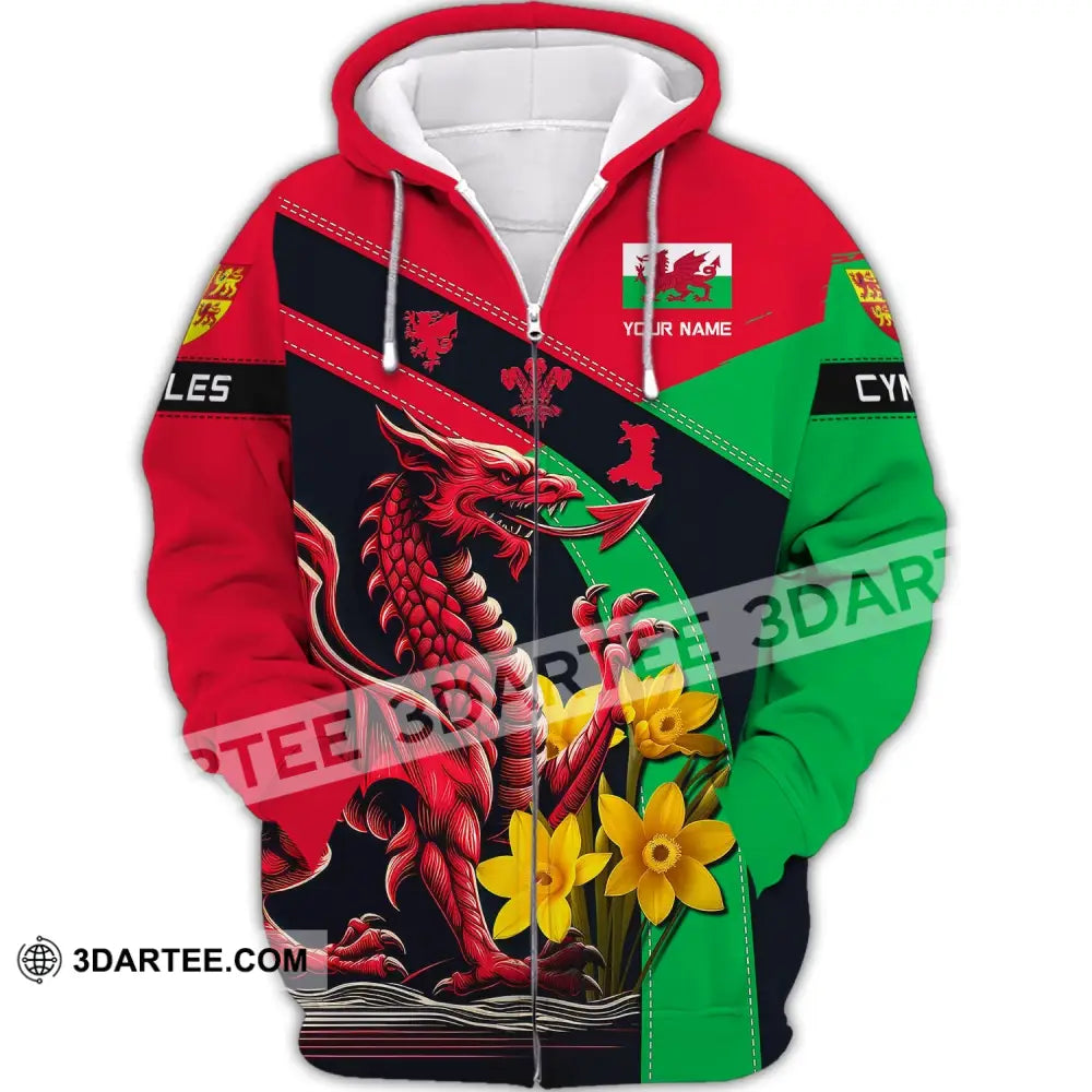 Unisex Shirt Custom Name Wales T-Shirt Welsh Dragon Cymru Zipper Hoodie / S