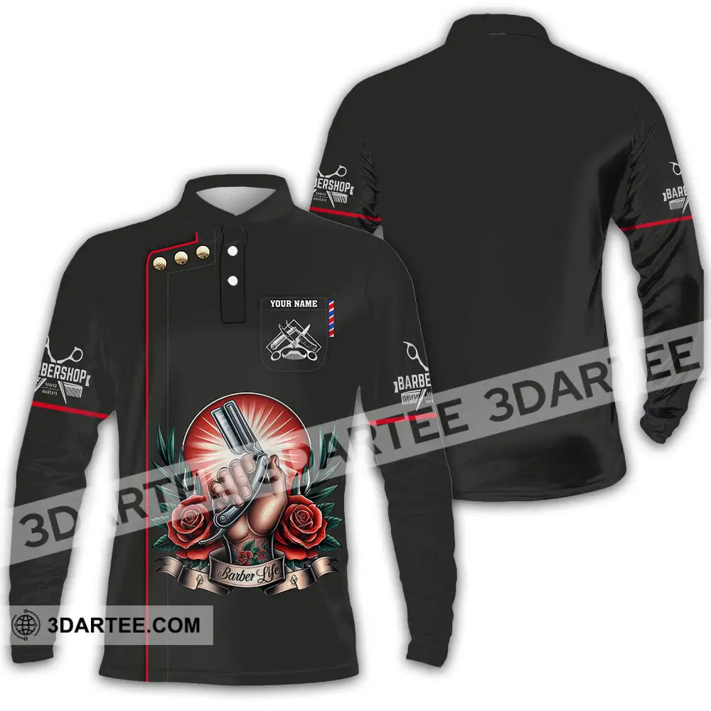 Unisex Shirt - Custom Text Barber Life Long Sleeve Polo / S T-Shirt
