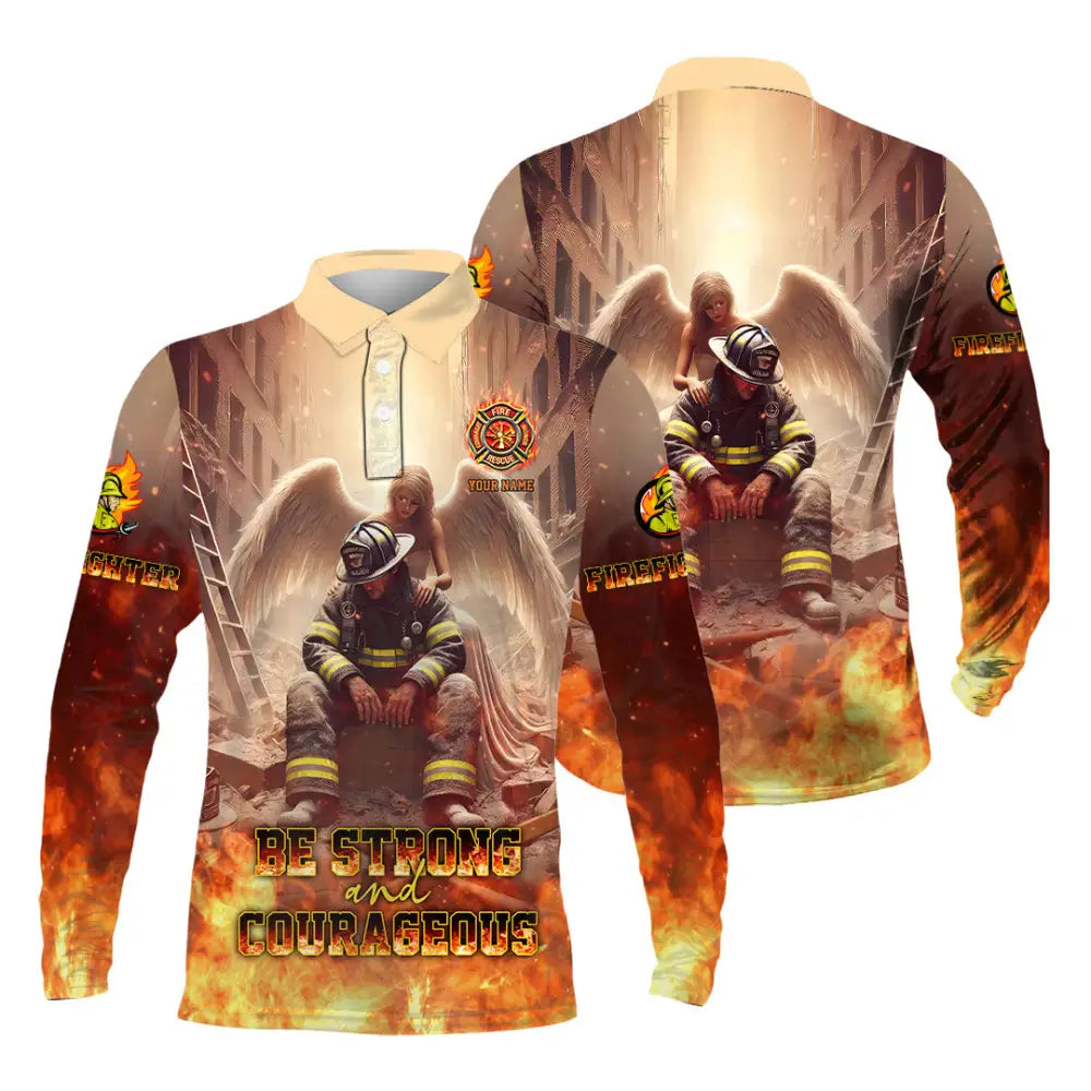 Unisex Shirt - Custom Text Shirt Be Strong And Courageous Fire Fighter Shirt Long Sleeve Polo / S T-shirt