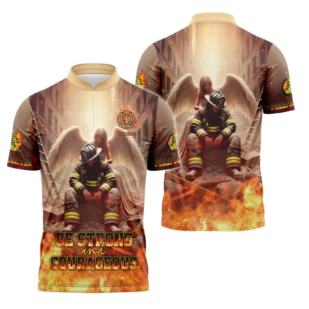 Unisex Shirt - Custom Text Shirt Be Strong And Courageous Fire Fighter Shirt Zipper Polo Shirt / S T-shirt