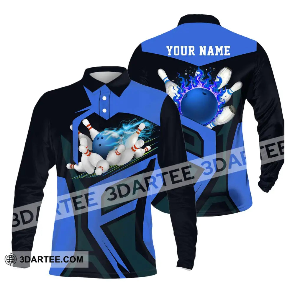 Unisex Shirt - Custom Text Blue Bowling Player Sport Long Sleeve Polo / S T-Shirt