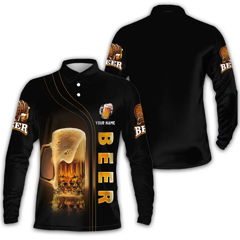 Unisex Shirt - Custom Text Shirt Chill With Beer Long Sleeve Polo / S T-shirt