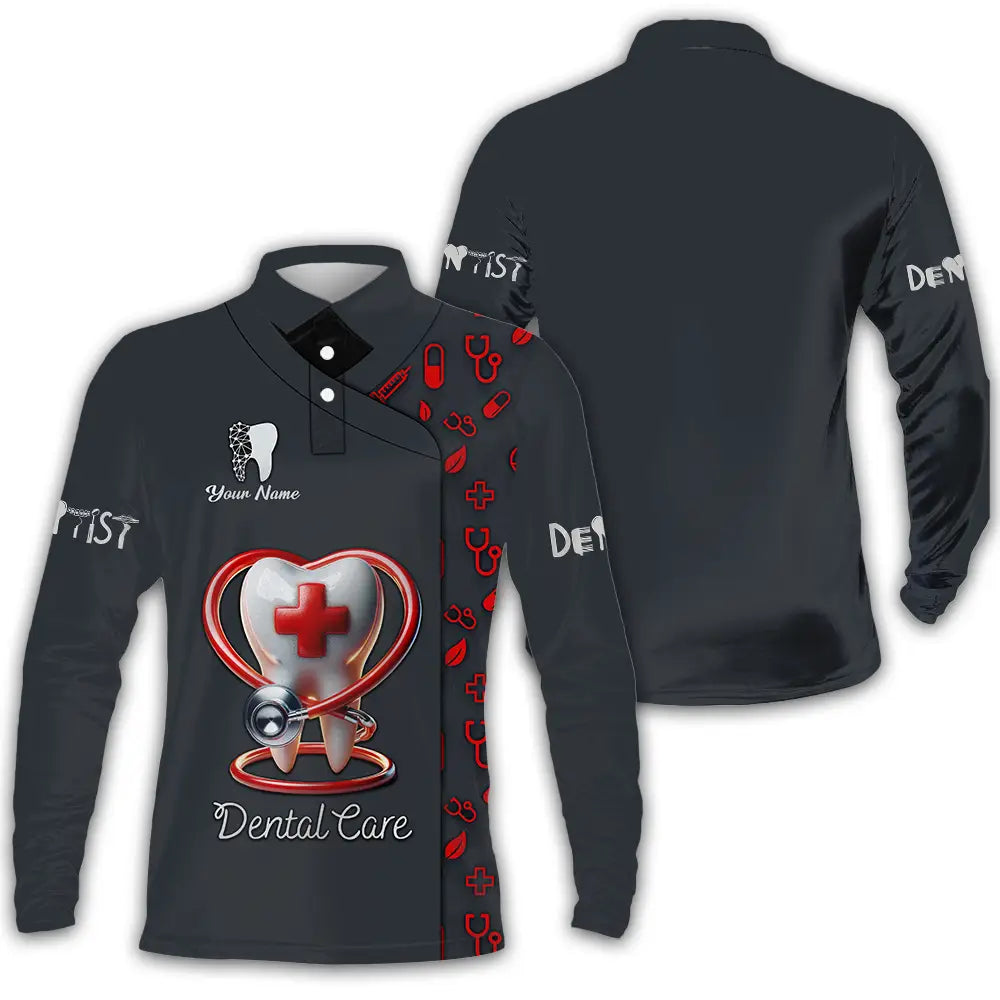Unisex Shirt - Custom Text Shirt Dental Care Long Sleeve Polo / S T-shirt
