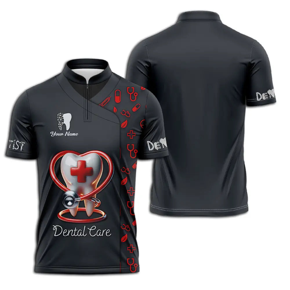 Unisex Shirt - Custom Text Shirt Dental Care Zipper Polo Shirt / S T-shirt