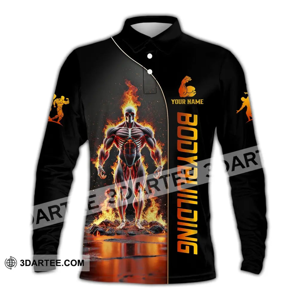 Unisex Shirt - Custom Text Fire Bowling Man Long Sleeve Polo / S T-Shirt