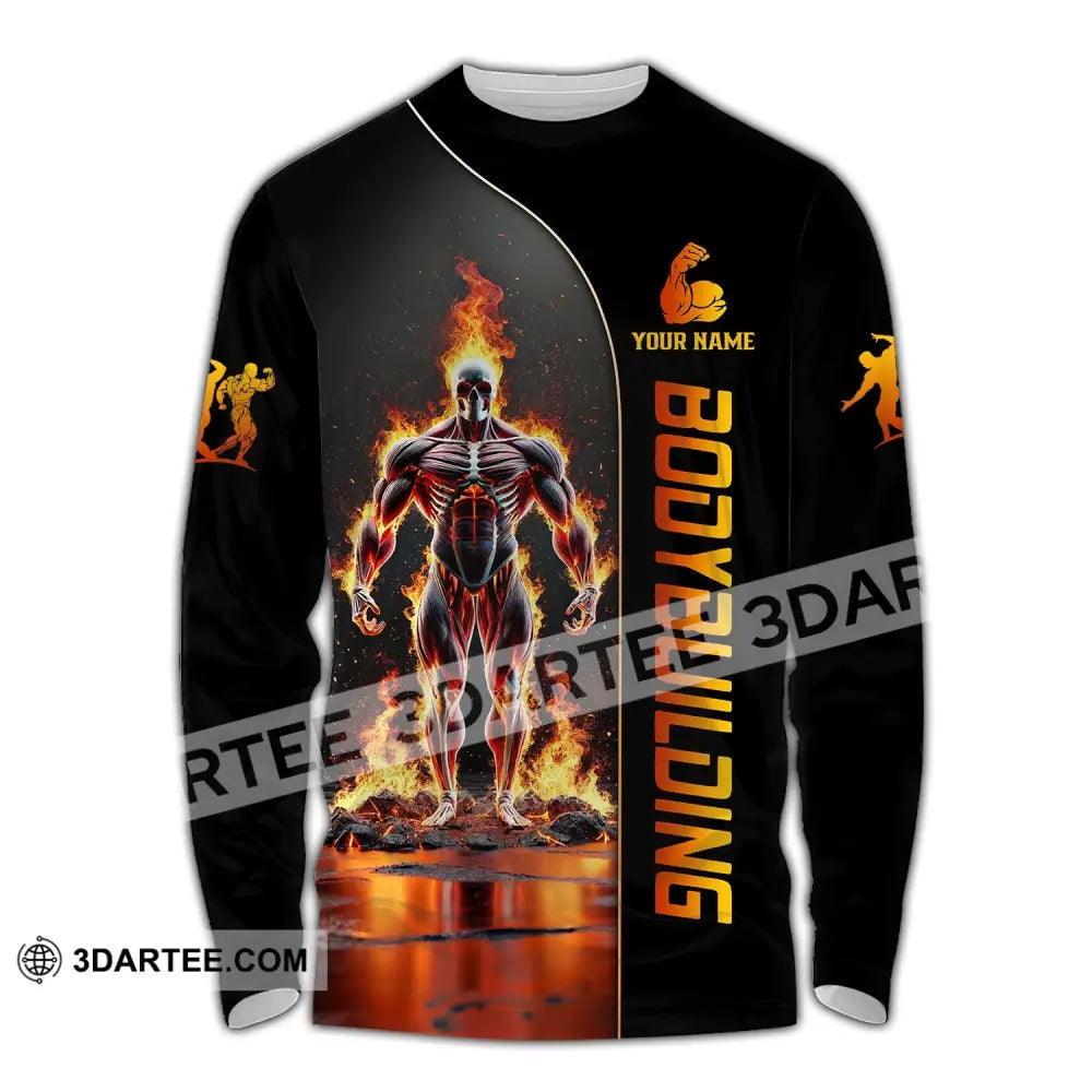 Unisex Shirt - Custom Text Fire Bowling Man Long Sleeve / S T-Shirt