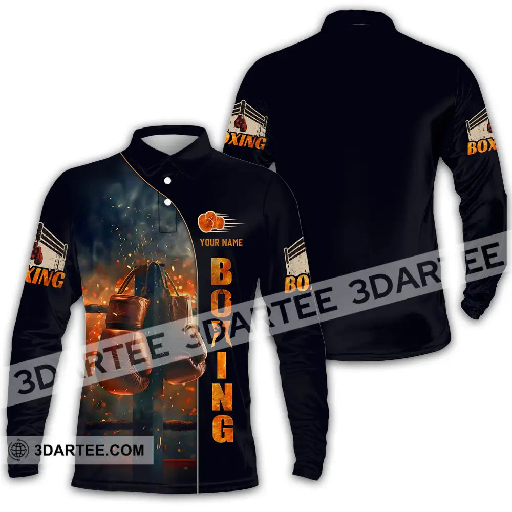 Unisex Shirt - Custom Text Fire Boxing Long Sleeve Polo / S T-Shirt
