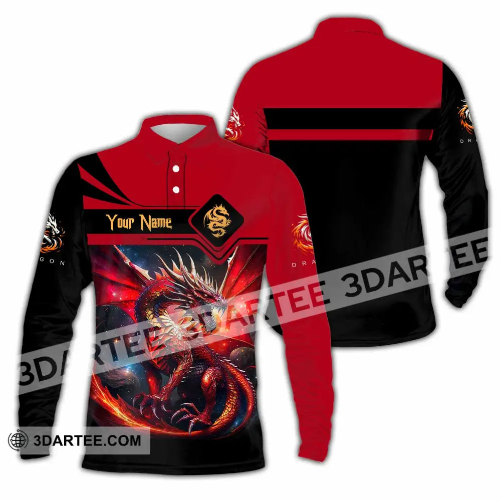 Unisex Shirt - Custom Text Shirt Fire Dragon Shirt Long Sleeve Polo / S T-shirt