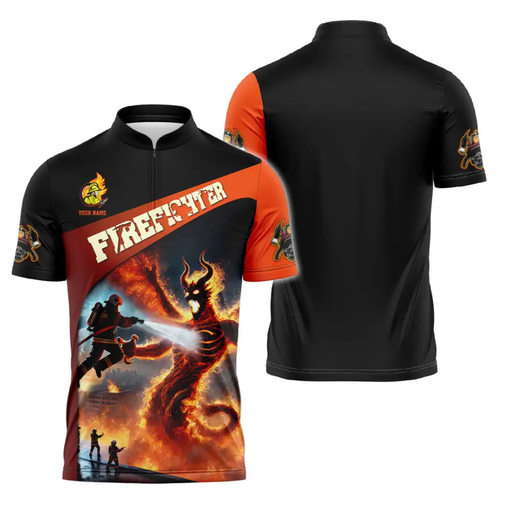 Unisex Shirt - Custom Text Shirt Fire Fighter Shirt Zipper Polo Shirt / S T-shirt