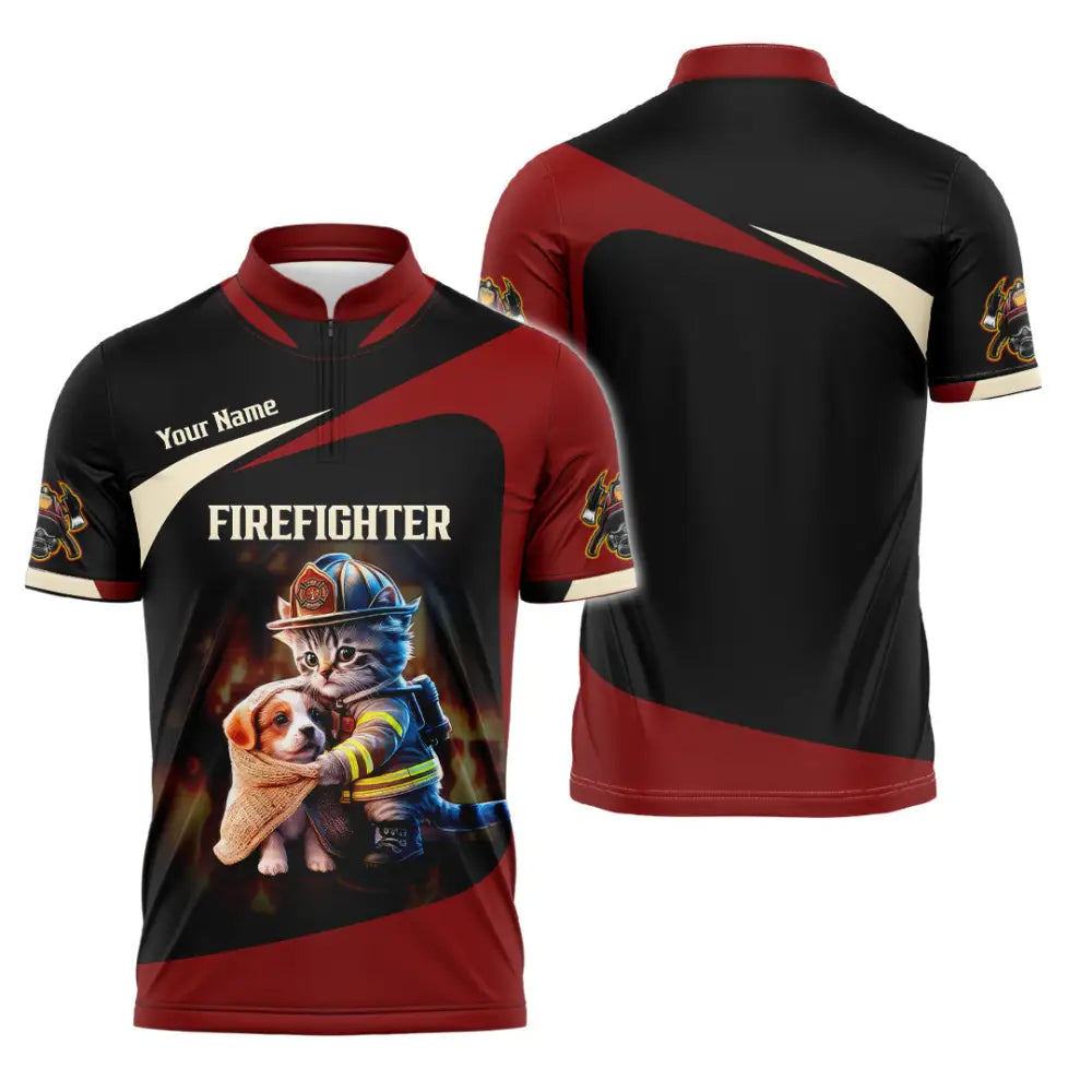 Unisex Shirt - Custom Text Shirt Fire Fighter Shirt Zipper Polo Shirt / S T-shirt