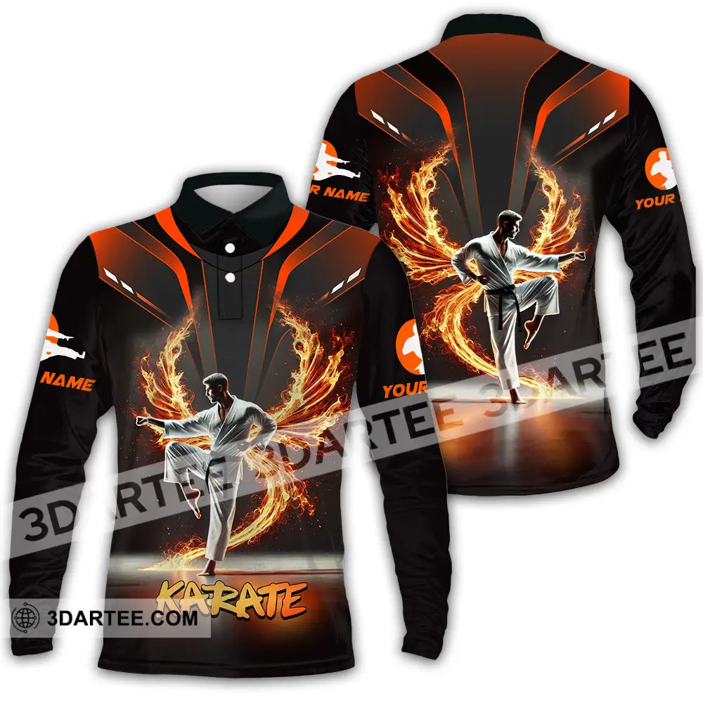 Unisex Shirt - Custom Text Fire Karate Long Sleeve Polo / S T-Shirt