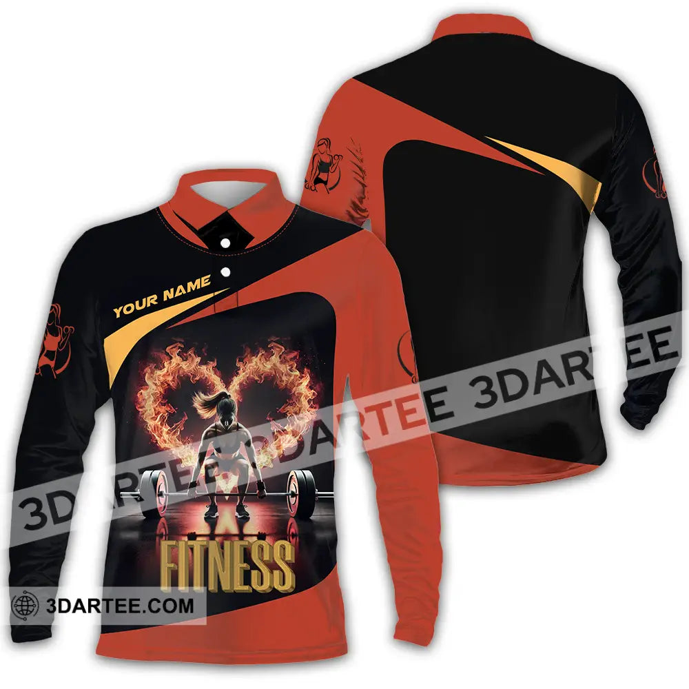 Unisex Shirt - Custom Text Fitness Fire Heart Long Sleeve Polo / S T-Shirt