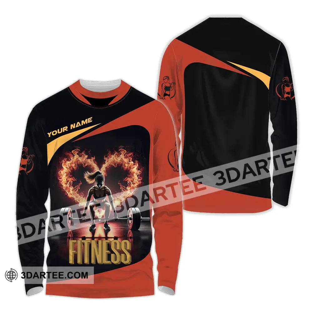 Unisex Shirt - Custom Text Fitness Fire Heart Long Sleeve / S T-Shirt