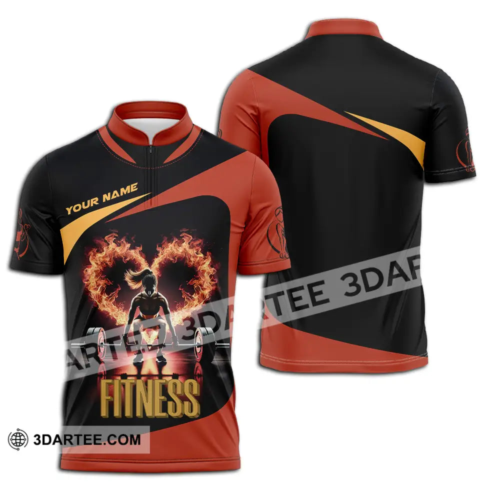 Unisex Shirt - Custom Text Fitness Fire Heart Zipper Polo / S T-Shirt