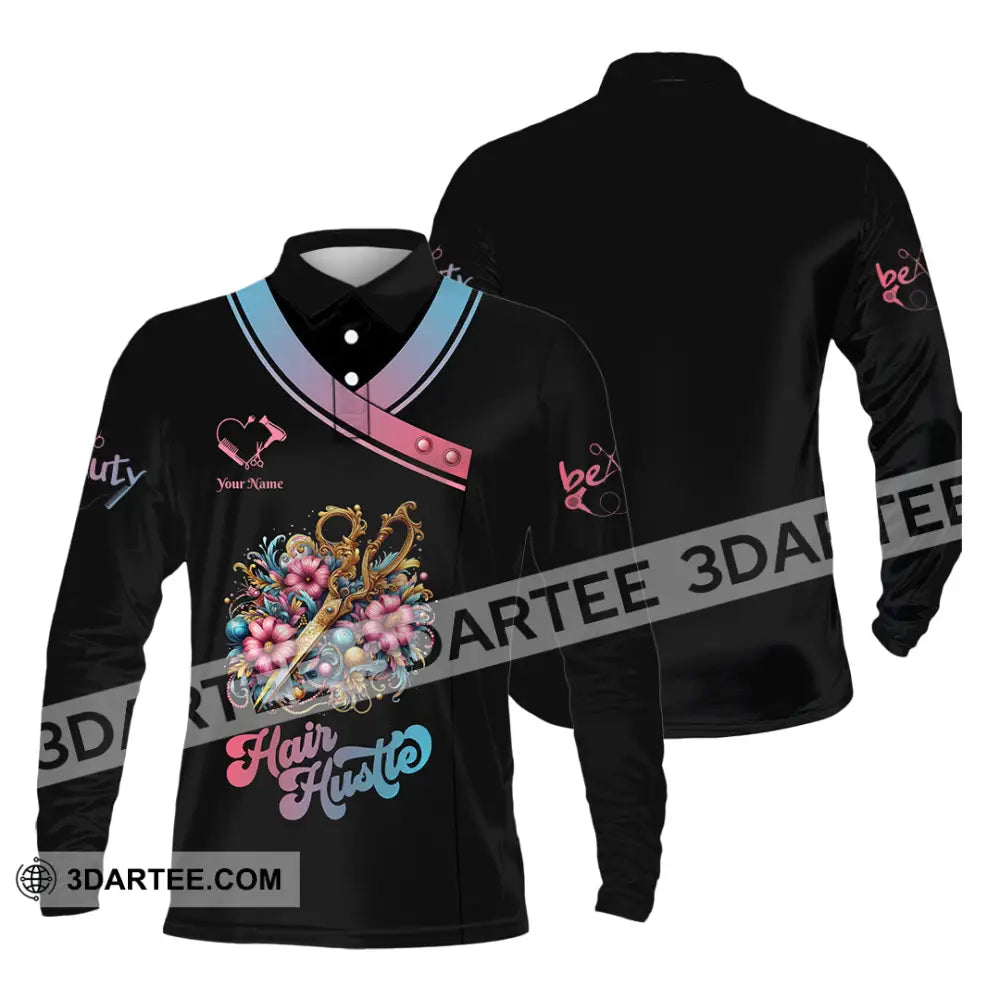 Unisex Shirt - Custom Text Hair Hustle Shirt Long Sleeve Polo / S T-shirt