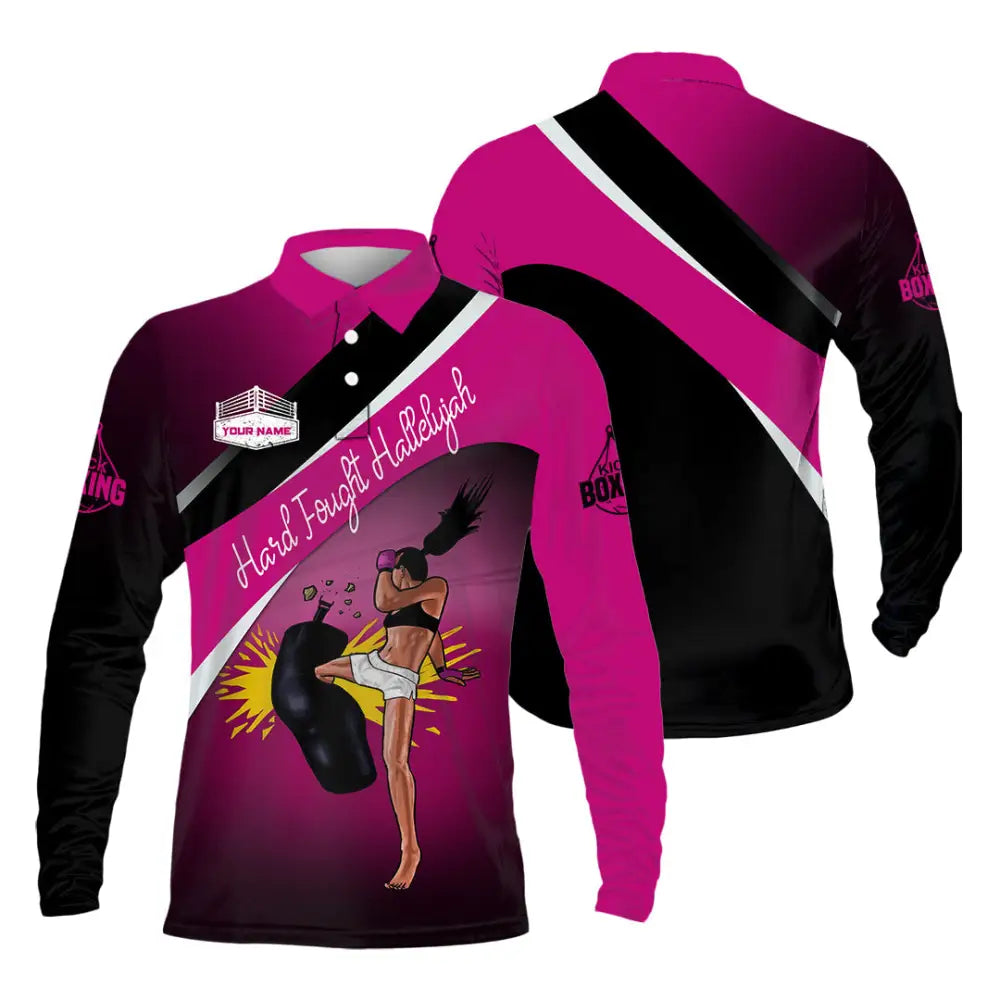 Unisex Shirt - Custom Text Shirt Kick Boxing Hard Fought Hallelujah Shirt Long Sleeve Polo / S T-shirt
