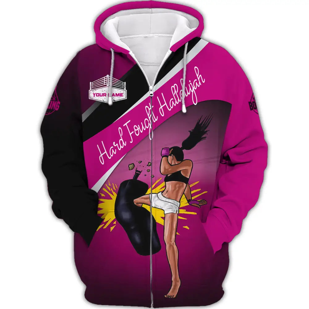 Unisex Shirt - Custom Text Shirt Kick Boxing Hard Fought Hallelujah Shirt Zipper Hoodie / S T-shirt